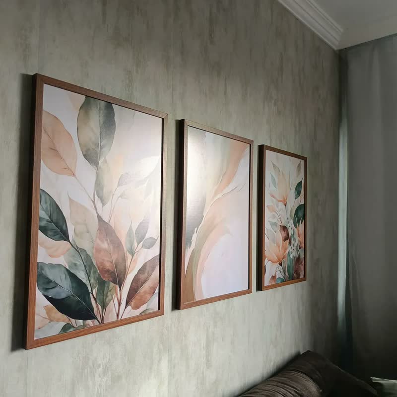 foto de Quadro Decorativo Trio Folhagens Botânico Boho Verde Moldura