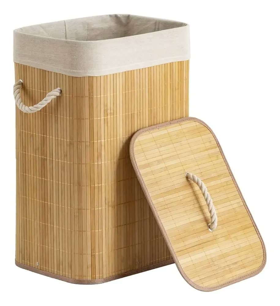 Cesto De Roupa Suja De Bambu Com Tampa E Alças 50l Cor Natural