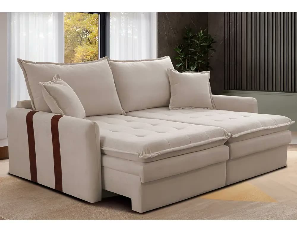 Sofá Sem Caixa Retrátil 2,00m Soft Bonnie Boucle Cama Inbox Cor Bege Desenho Do Tecido Liso