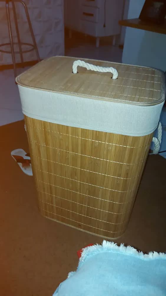 foto de Cesto de Roupa Suja Bambu Tropical Retangular 60L com Tampa Jolitex
