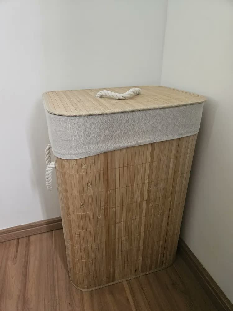 foto de Cesto de Roupa Suja Bambu Tropical Retangular 60L com Tampa Jolitex