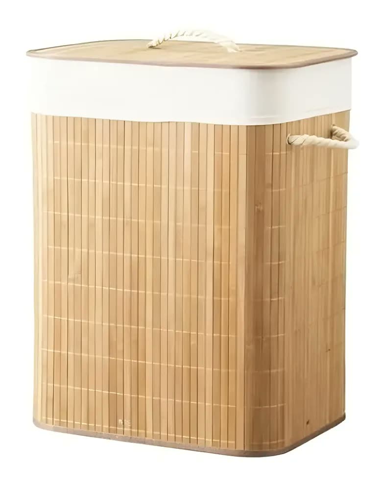 Cesto de Roupa Suja Bambu Tropical Retangular 60L com Tampa Jolitex