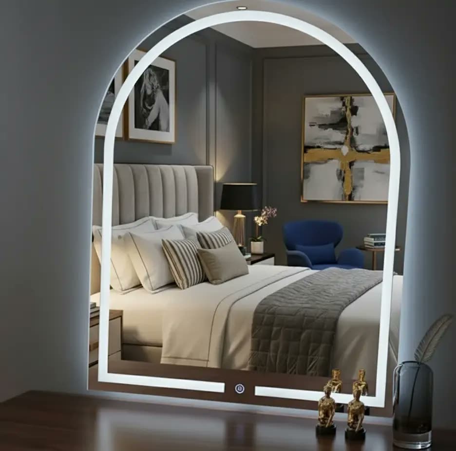 Espelho Grande Oval Base Reta Arco Led Touch 60x80 Lapidado