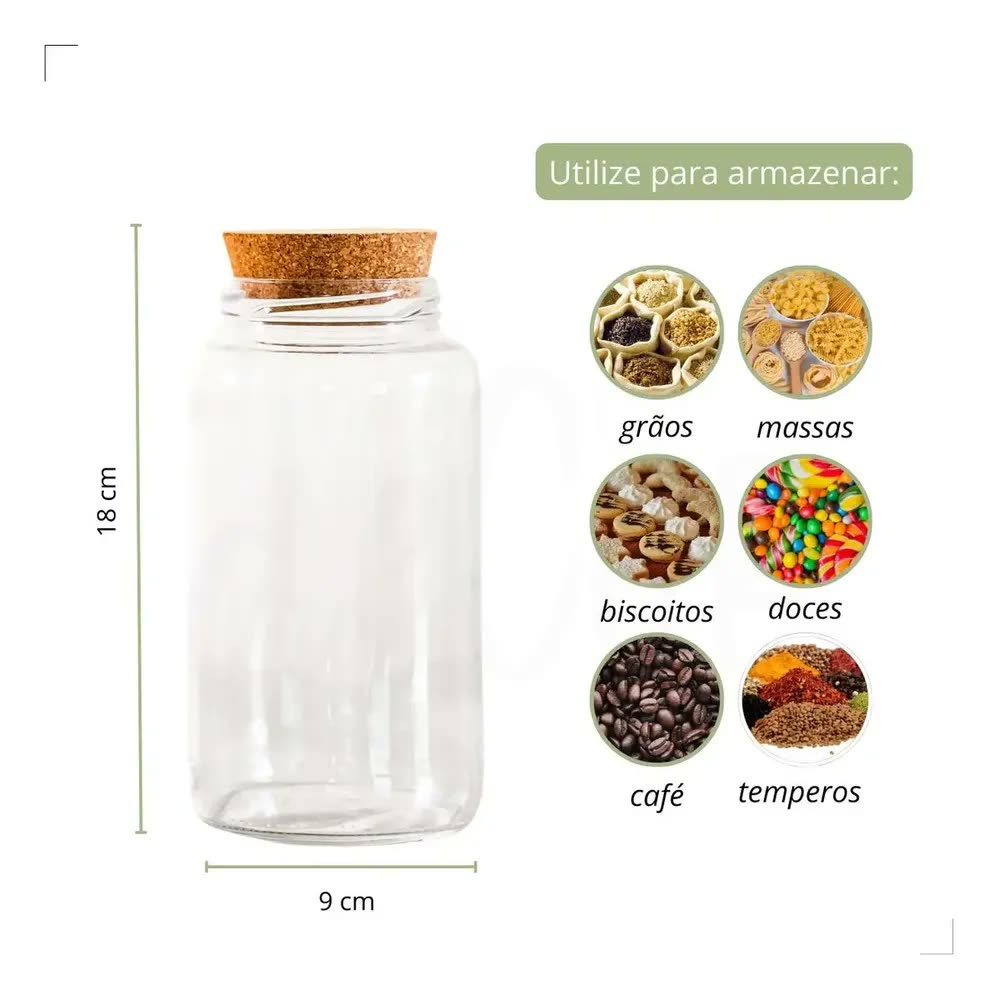 Kit 3 Potes Médios De Vidro 810 Ml Com Tampa Cortiça Cor Transparente hermetico madeira armazenar 1102Decor