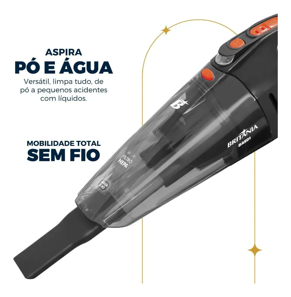 Aspirador De Pó Portátil Bas01 Pó E Água Bivolt 60w Britânia Cinza