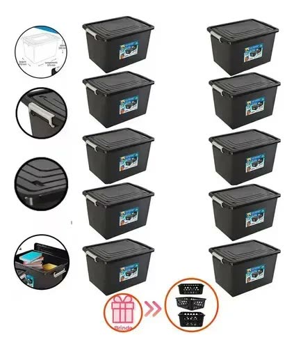 Kit Com 10 Caixas Organizadoras Com Tampa E Trava 56 Litros Grande Resistente Com Brinde 123 Organizei