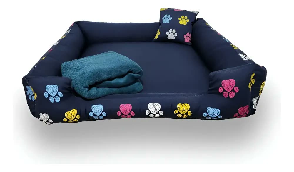 Cama para Cachorro Grande 70x70 cm com Manta e Almofada idal para pet com até 18 kg Azul-marinho