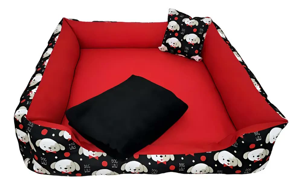 Cama Berço Grande 70x70cm Gv Enxovais Pet Com Manta Vermelha e Travesseiro