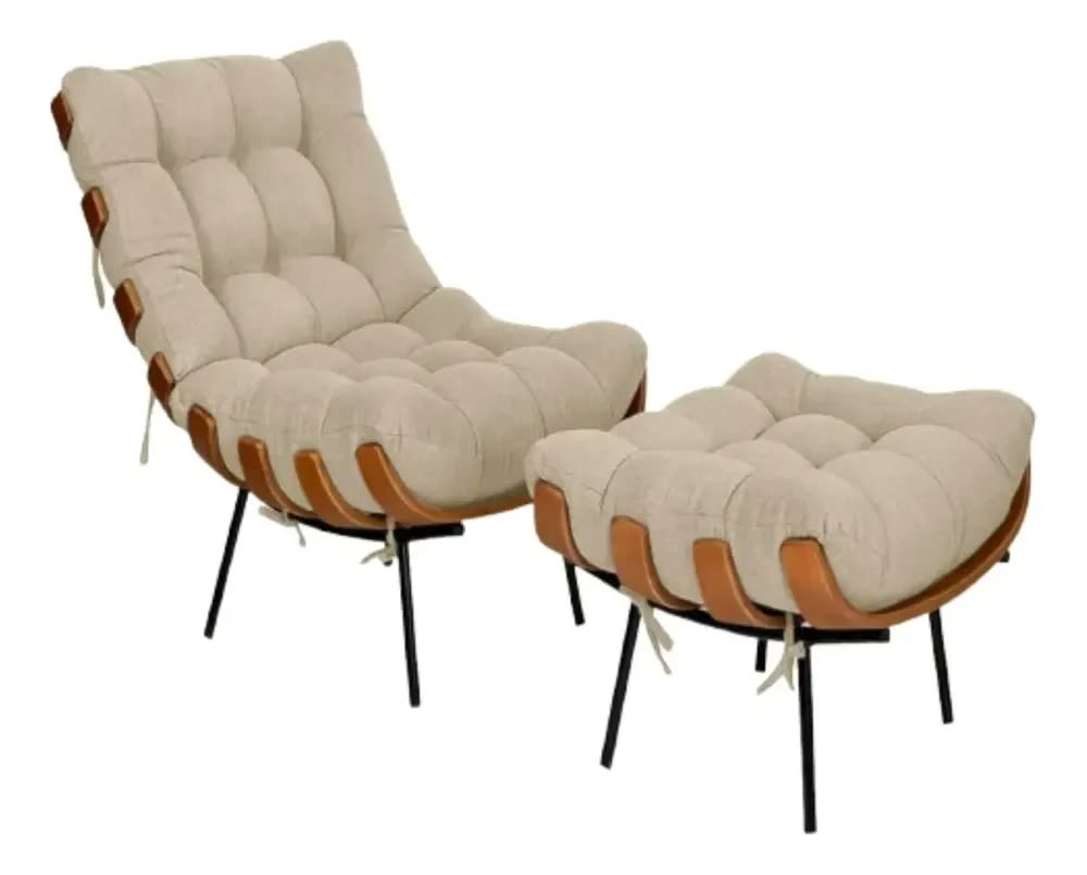Poltrona Costela Com Puff Linho Para Sala Quarto Luxo Cor Poltrona Costela E Puff Linho Bege Claro Desenho Do Tecido Poltrona Linho