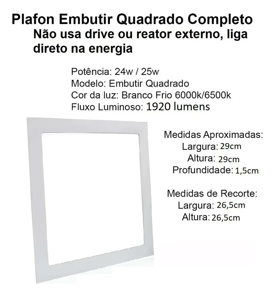 foto de Kit Com 4 Plafon Painel Led Embutir 30x30 Quadrado 6000k/6500k Branco Frio Completo 24w/25w