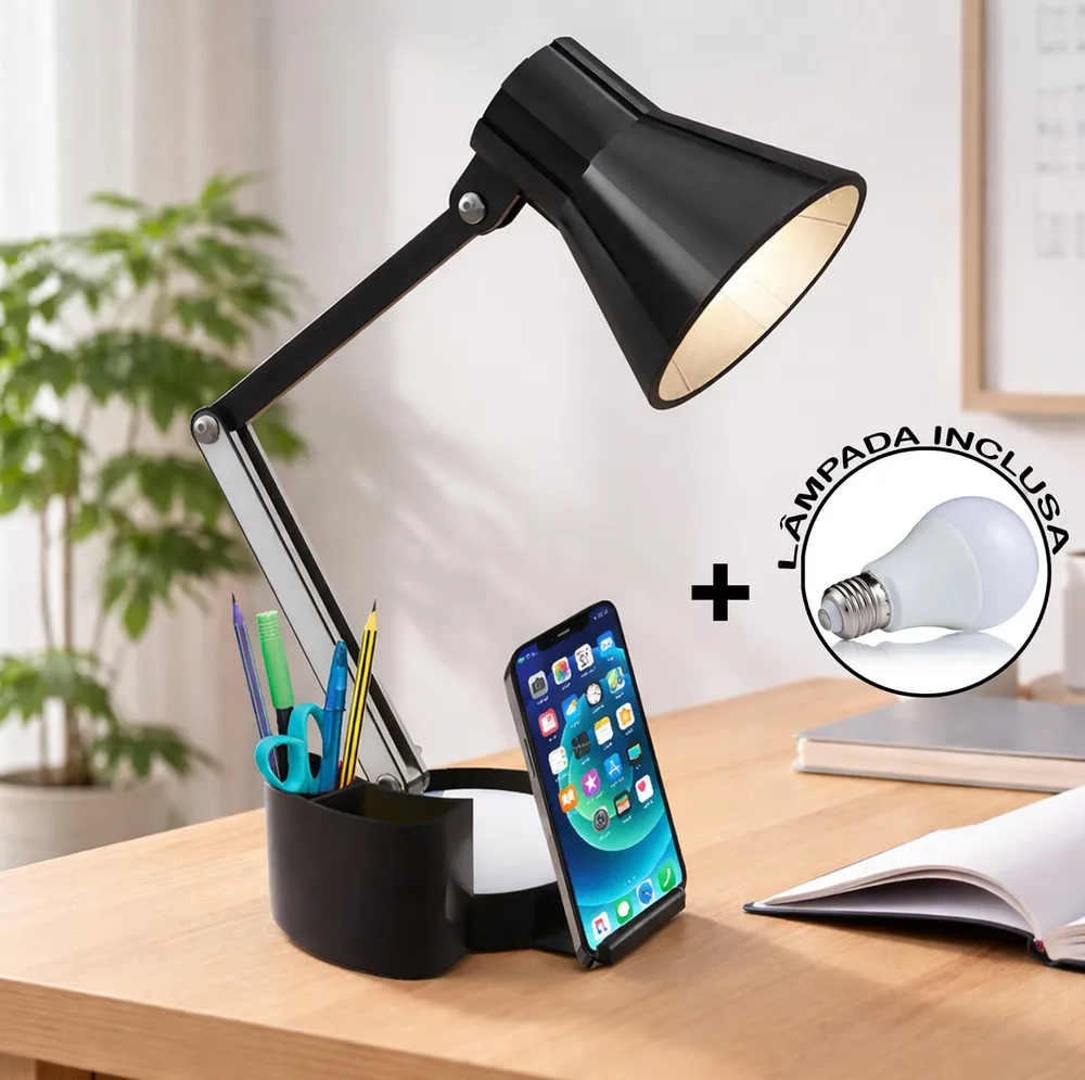 foto de Luminária Articulável com Porta Lápis, Caneta E Suporte de Celular abajur articulado ajustável