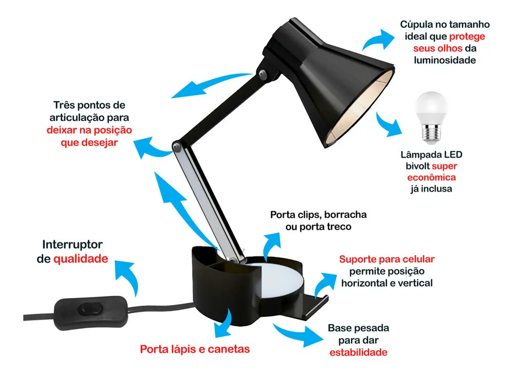 Luminária Articulável com Porta Lápis, Caneta E Suporte de Celular abajur articulado ajustável