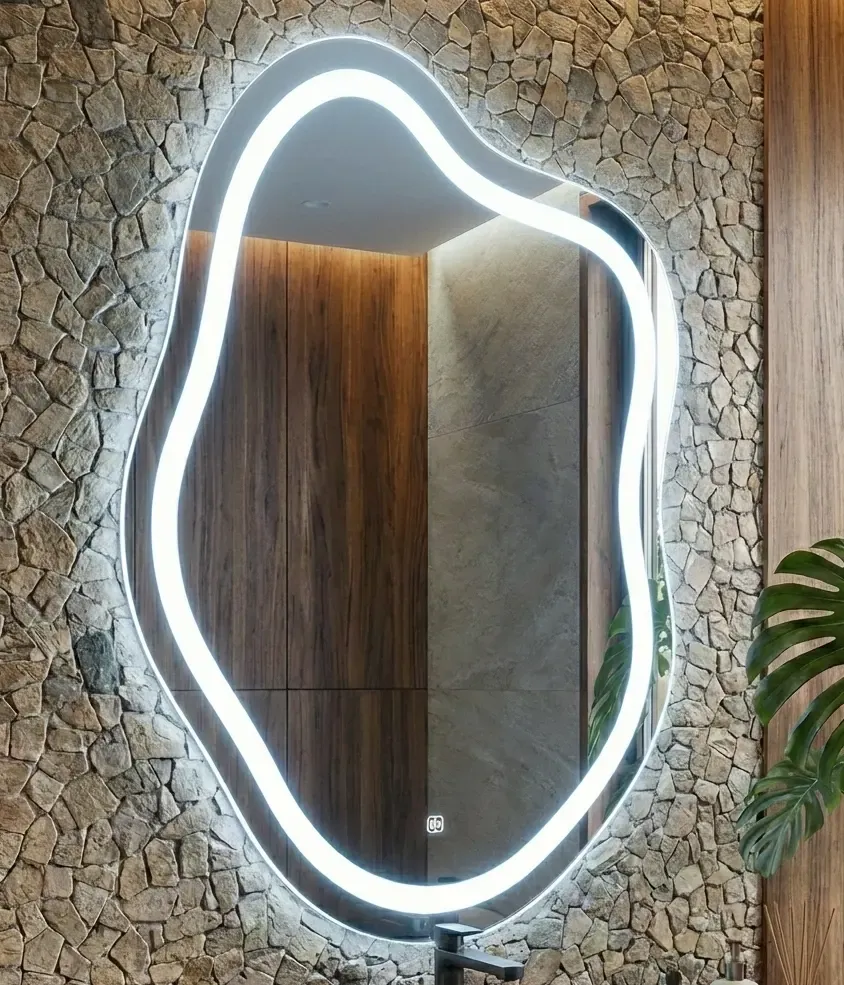 foto de Espelho Organico Grande Com Led Jateado 70x100 Touch Moderno