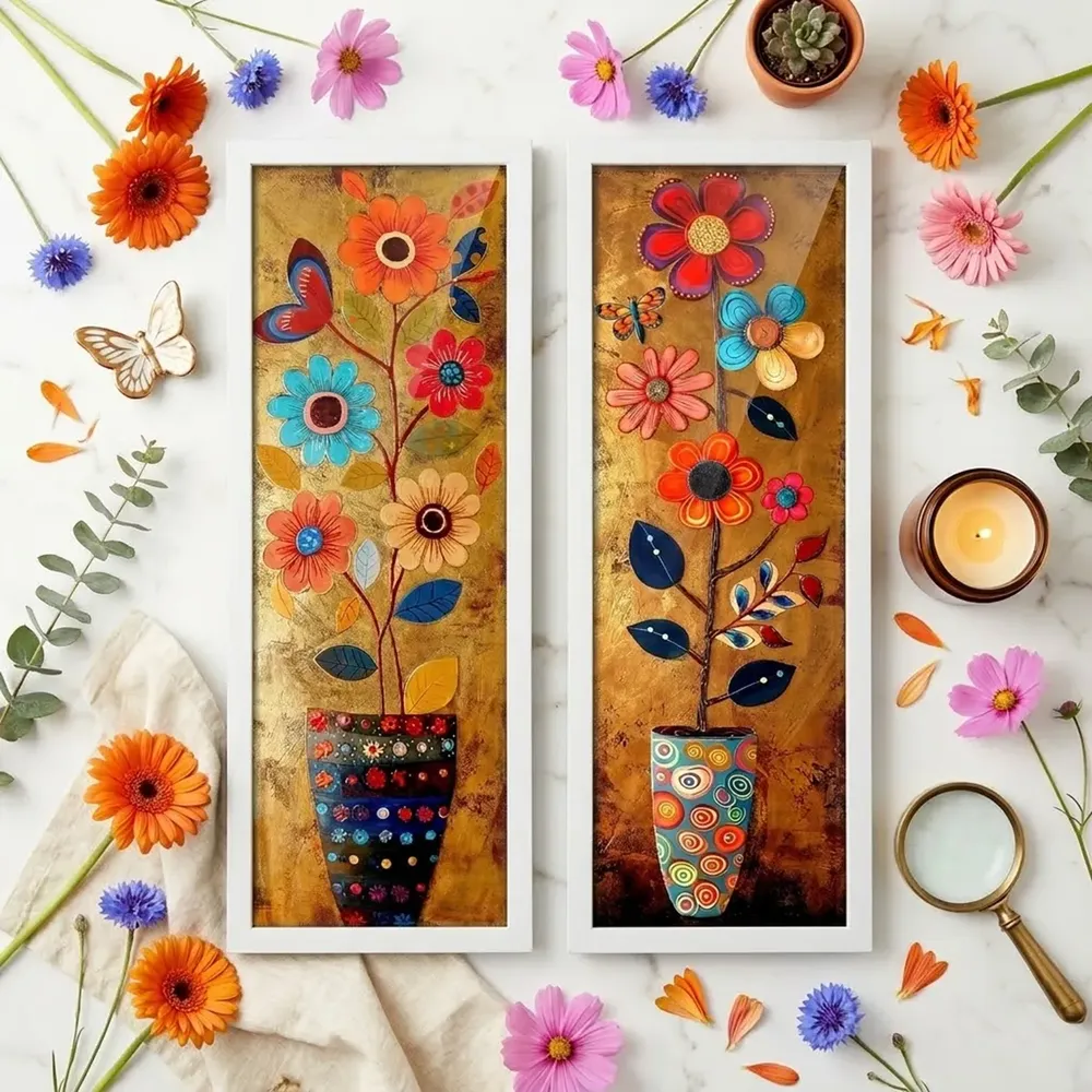 foto de Kit 2 Quadros Sala, Varanda, Vasos, Flores, Borboleta Vidro