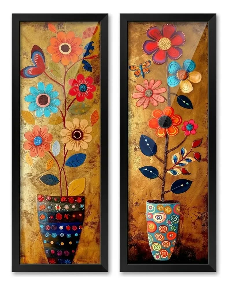 Kit 2 Quadros Sala, Varanda, Vasos, Flores, Borboleta Vidro