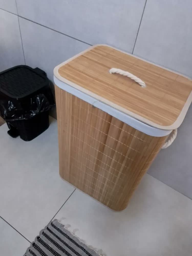 foto de Cesto de Roupa Suja Bambu Retangular 70L com Tampa e Alças
