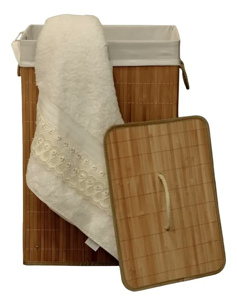 Cesto de Roupa Suja Bambu Retangular 70L com Tampa e Alças