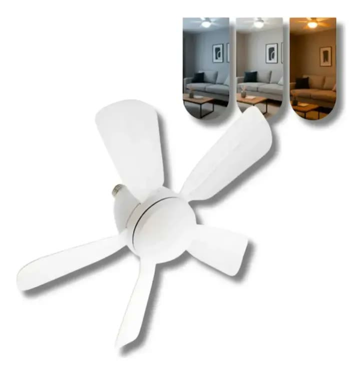 Lâmpada Ventilador de Teto E27 6 Hélices Controle Remoto Luz Branca LED Silencioso Econômica Camperluz