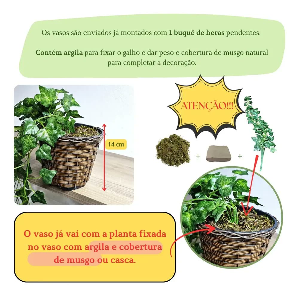 foto de Hera Pendente Verde com Vaso Incluído Bella Nil Seda 90cm Fixada com Argila e Musgo