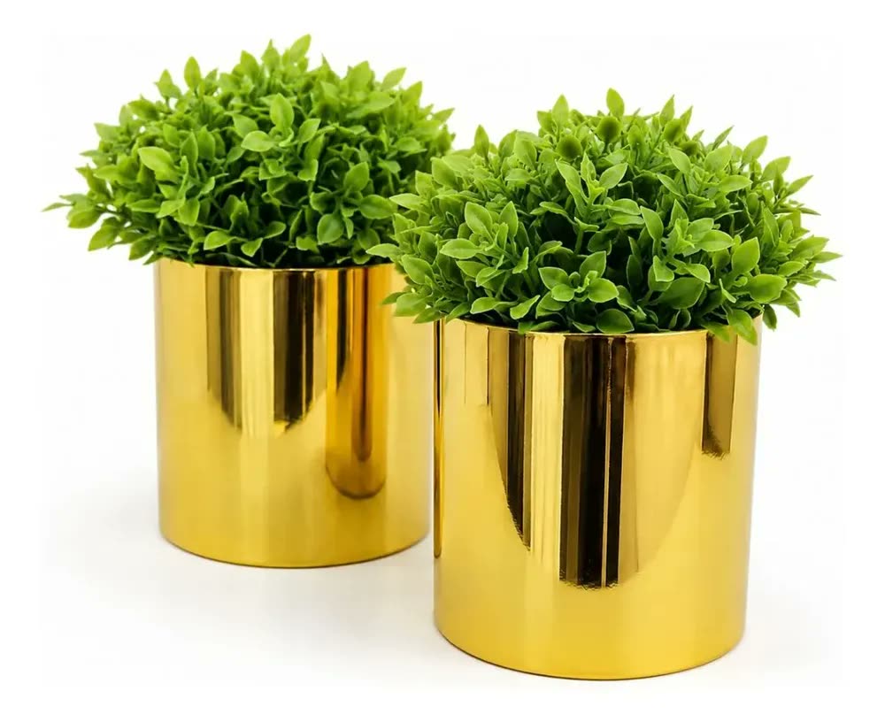 Decoração Sala Rack Kit 2 Vasinhos Com Planta Montado Cor Dourado (L)