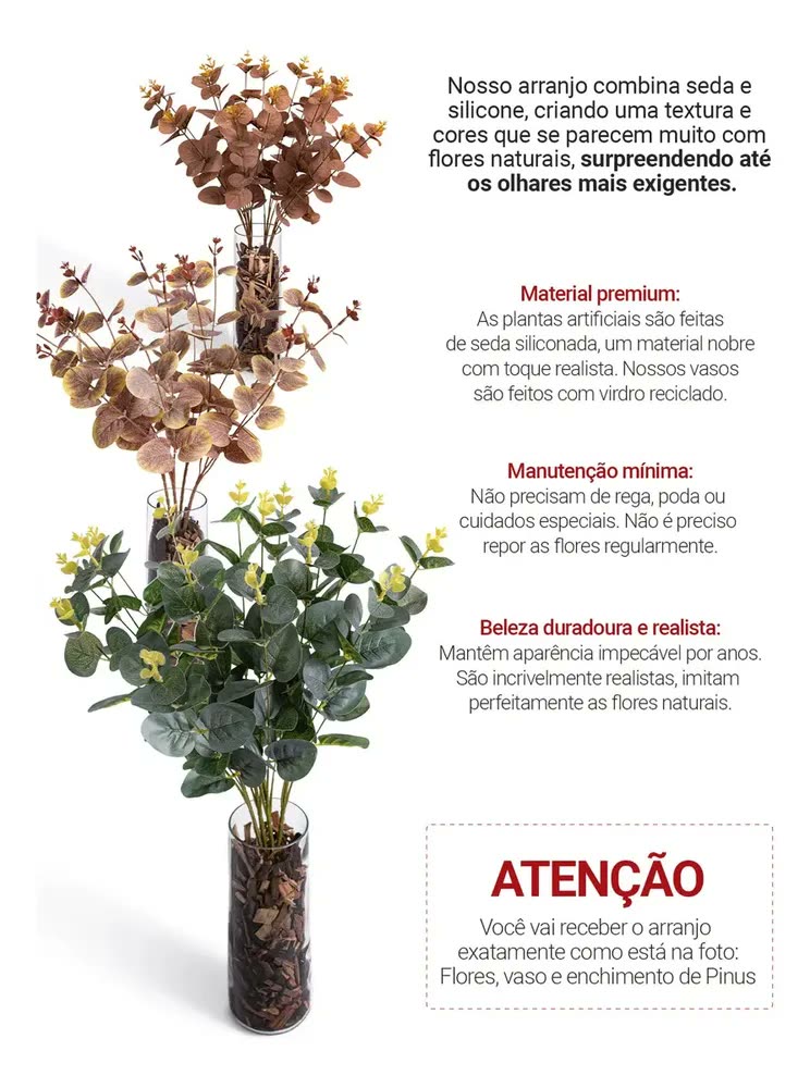 Arranjo Flor Artificial Vaso Vidro 46cm Decoração Sala Off White