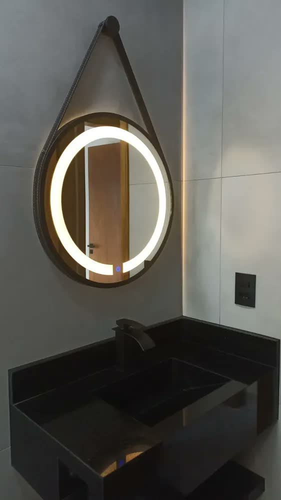 foto de Espelho Redondo Adnet Iluminado 2 Leds Touch Com Alça 60cm Moldura Marrom Com Alça Caramelo 2 Leds