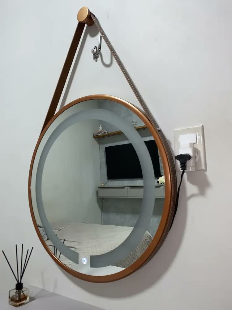 foto de Espelho Redondo Adnet Iluminado 2 Leds Touch Com Alça 60cm Moldura Marrom Com Alça Caramelo 2 Leds