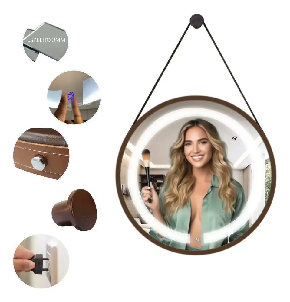Espelho Redondo Adnet Iluminado 2 Leds Touch Com Alça 60cm Moldura Marrom Com Alça Caramelo 2 Leds