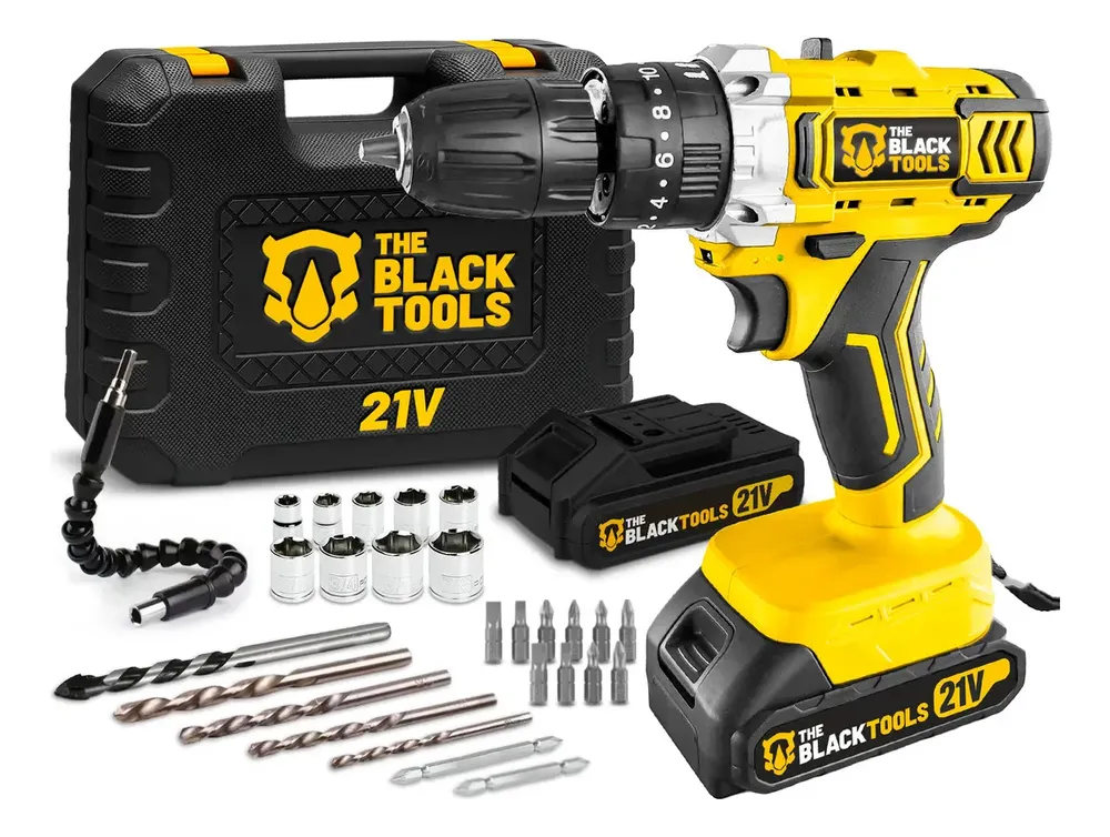 foto de Furadeira E Parafusadeira De Impacto 2 Baterias 2000mah 21v 3/8 Tb-21pkx The Black Tools Com Maleta E Acessorios