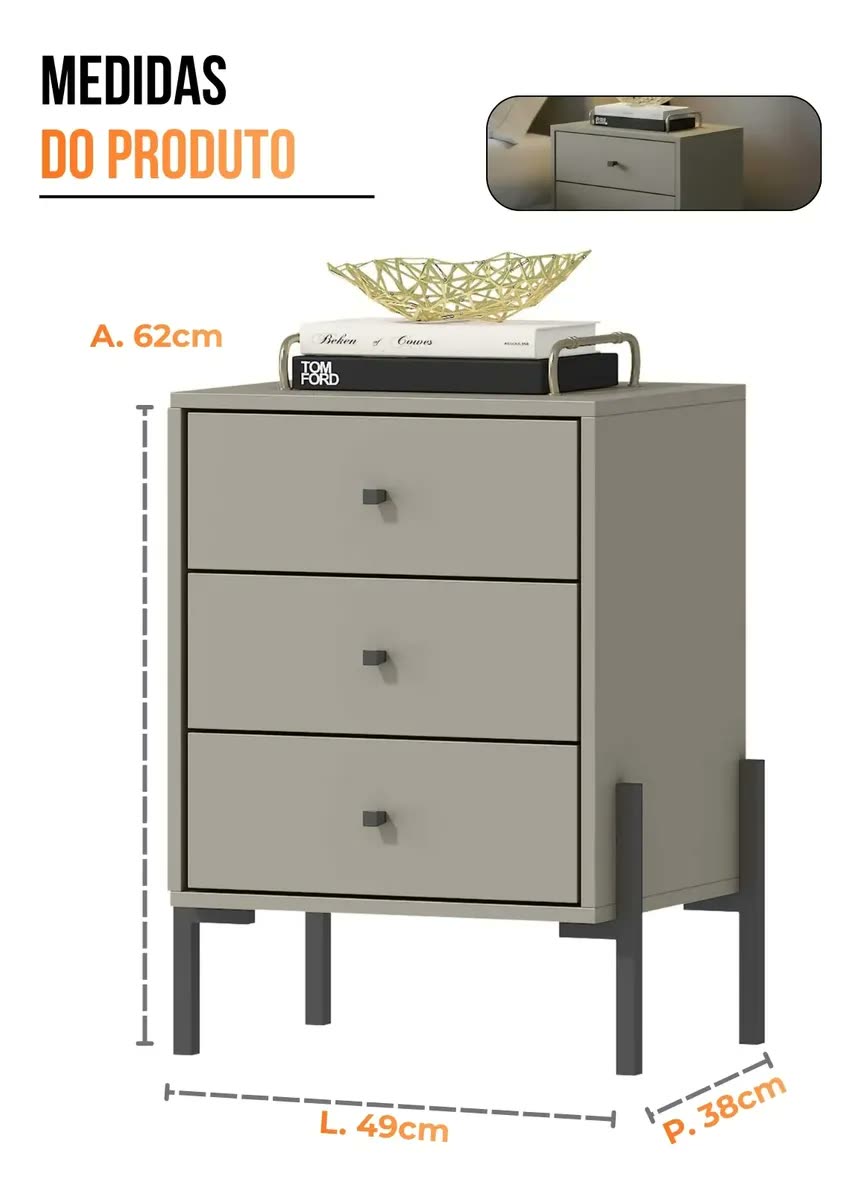 Criado Mudor 3 Gavetas Cama Box Uv Mdp 15mm Pés Metalon