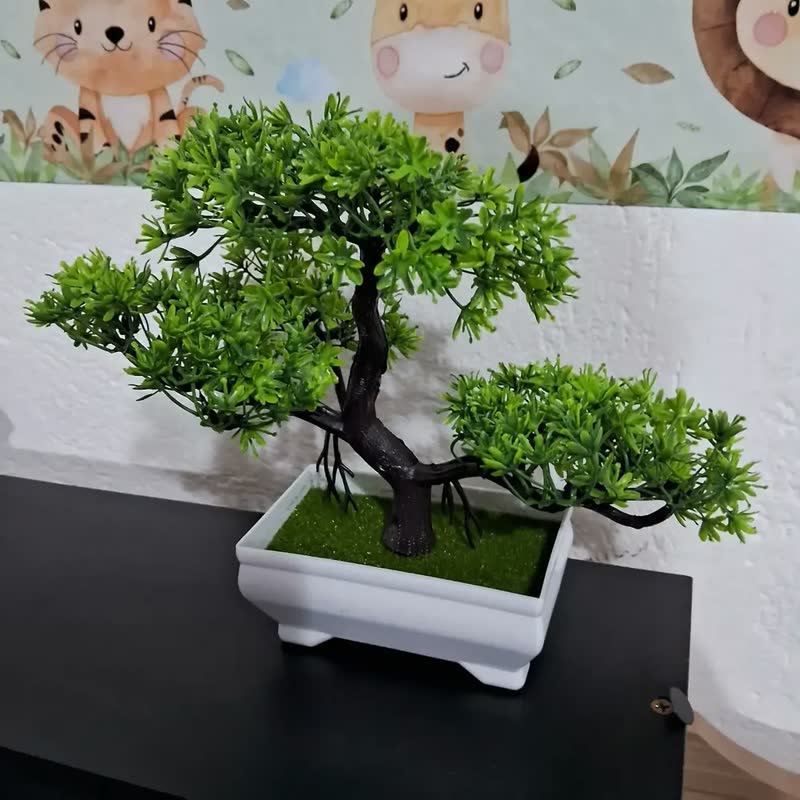 foto de Mini Árvore Bonsai Artificial Pinheiro Japonês 20cm com Vaso Verde Planta Decorativa Realista para Mesa Sala Escritório Estante