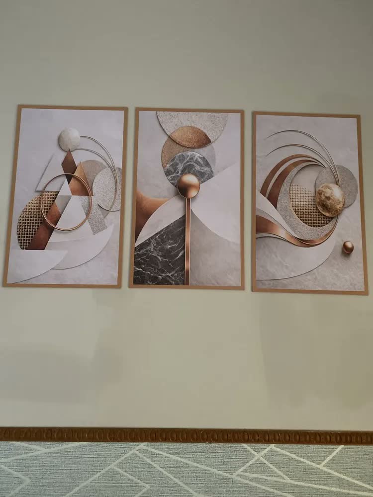 foto de Quadros Decorativos Abstrato Geométrico Bronze Sala Hall 3pç