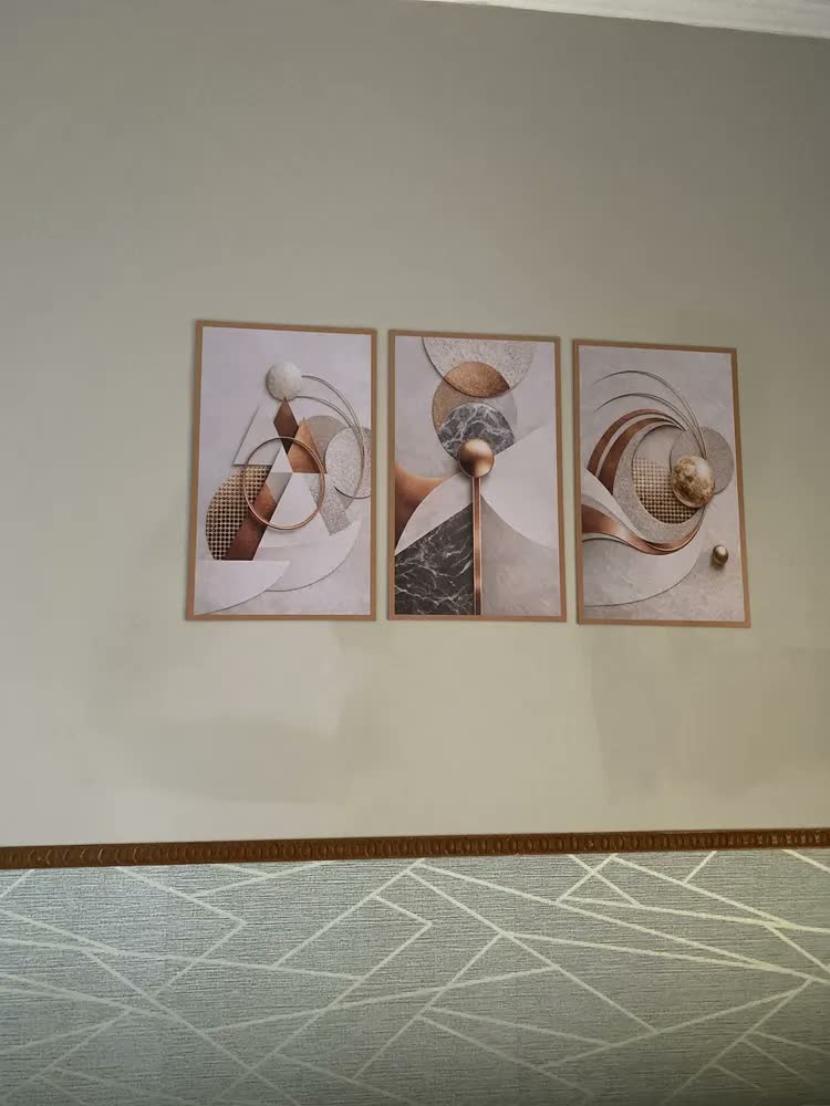 foto de Quadros Decorativos Abstrato Geométrico Bronze Sala Hall 3pç