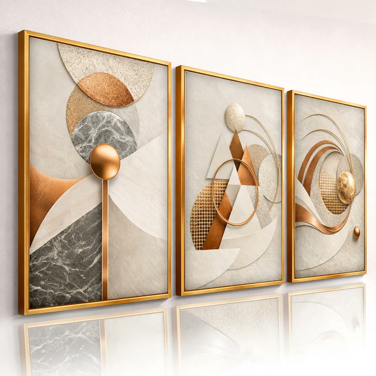 foto de Quadros Decorativos Abstrato Geométrico Bronze Sala Hall 3pç