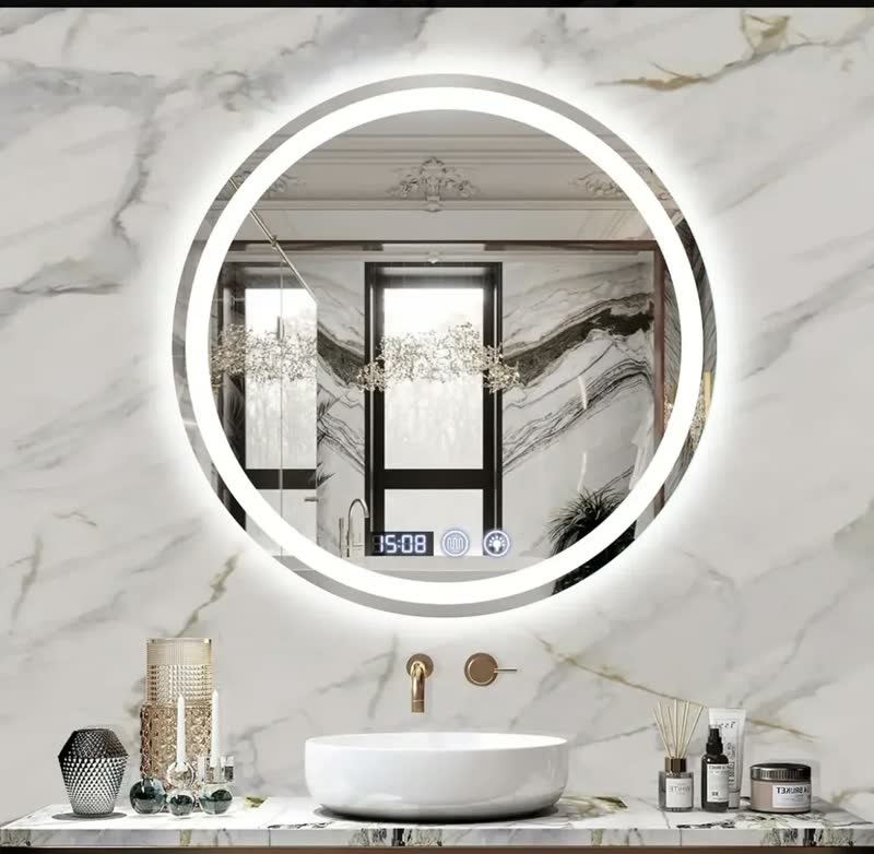 foto de Espelho Redondo 60x60 Jateado Com Luz Led 2 Cores Touch Luxo