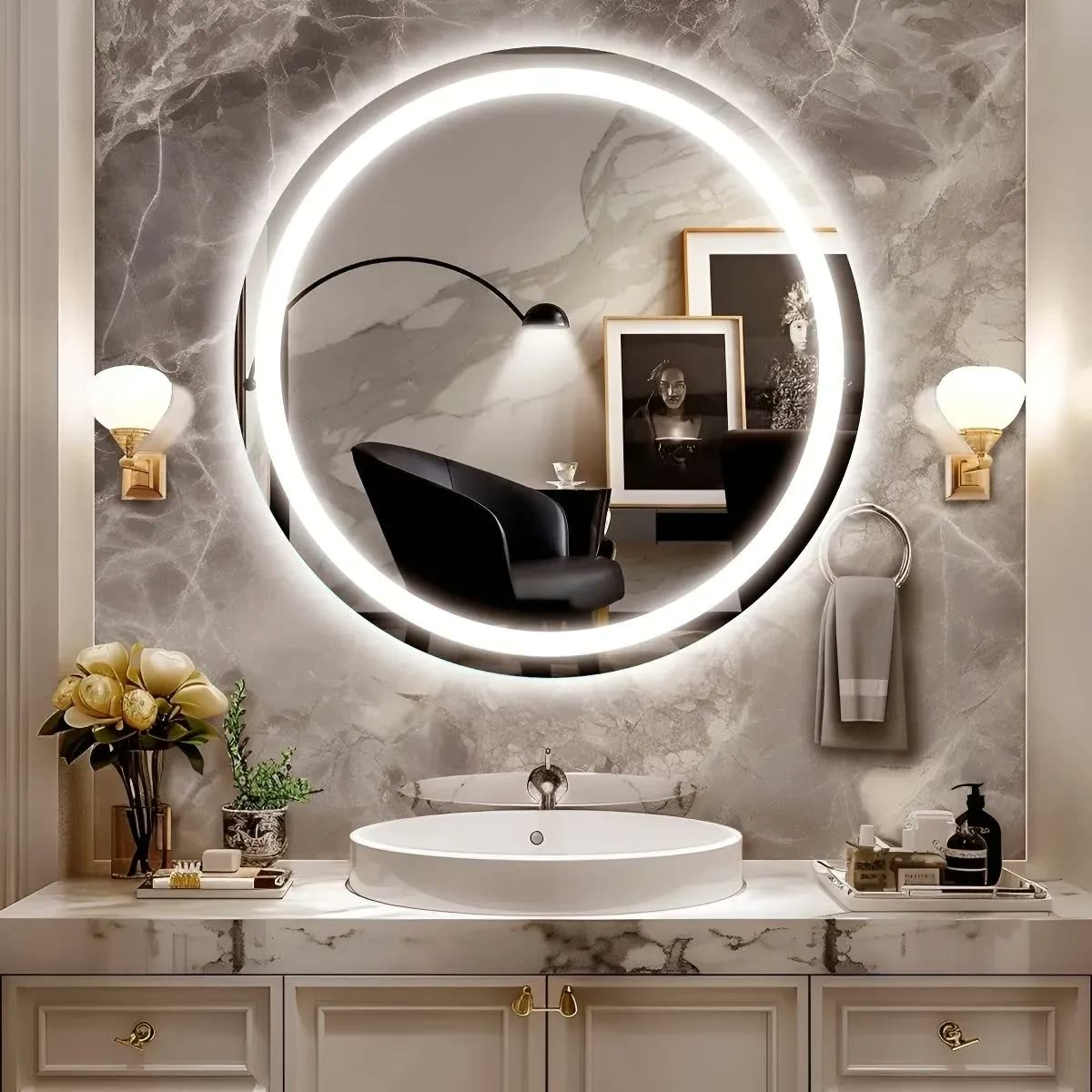 Espelho Redondo 60x60 Jateado Com Luz Led 2 Cores Touch Luxo
