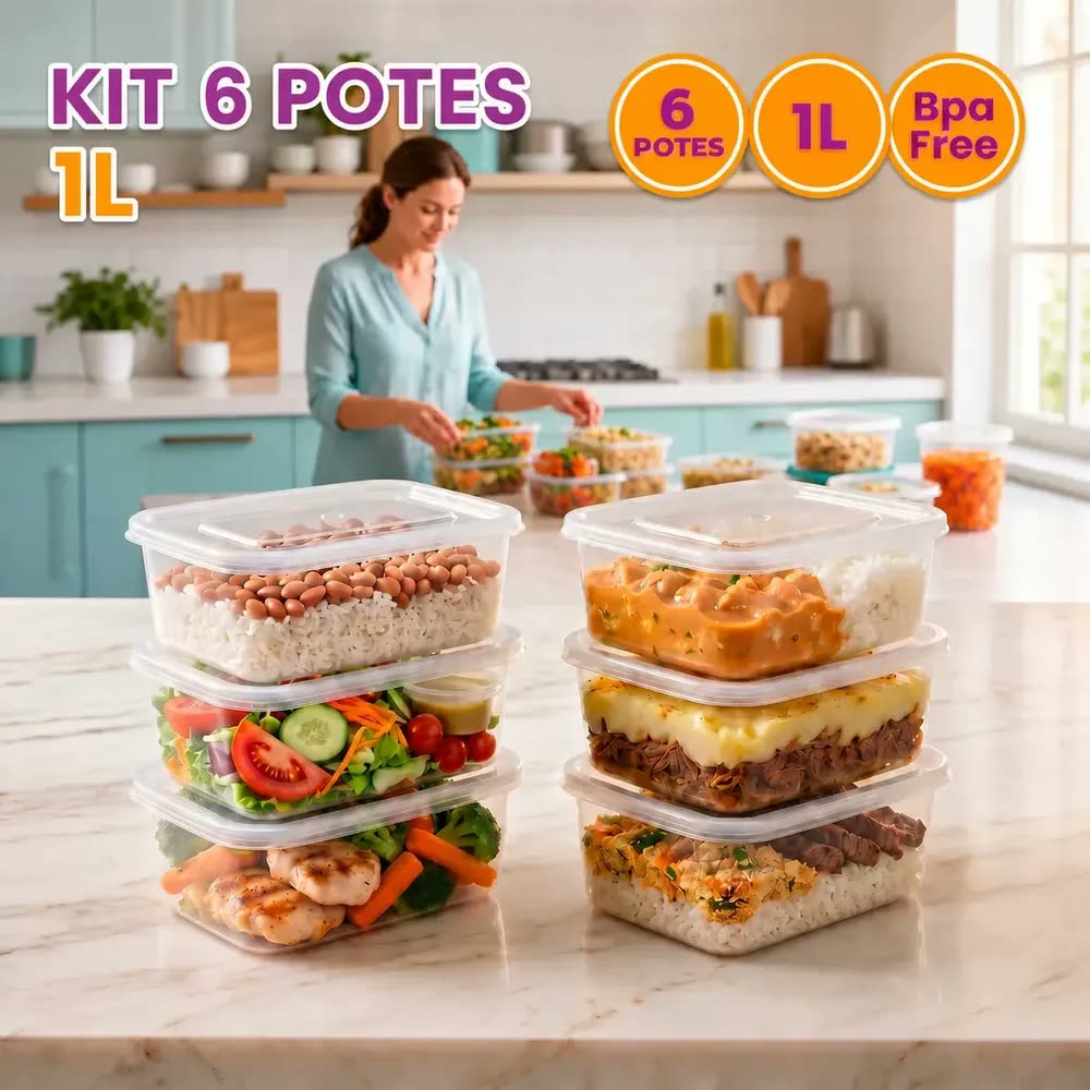 foto de Kit 6 Potes 1 Litro Retangular BPA Free Transparente Plástico Com Tampa Para Alimentos Marmita Fitness Apto Micro-ondas E Lava-louças Reutilizável Cozinha Geladeira Ponte Lar Utilidades
