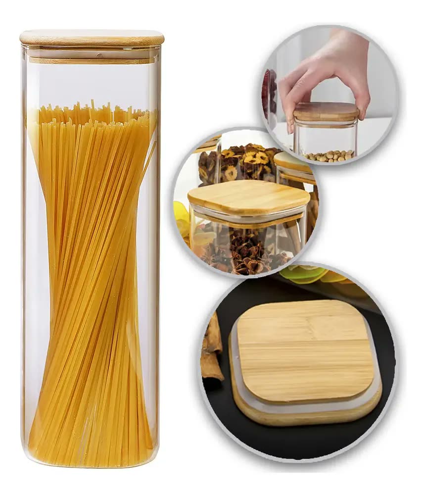 Pote De Vidro Com Tampa De Bambu 2 Litros Quadrado Macarrão Cor Transparente