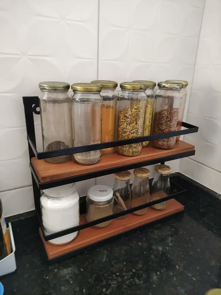 foto de Prateleira de Cozinha Porta-Condimentos 2 Andares Ferro e Madeira