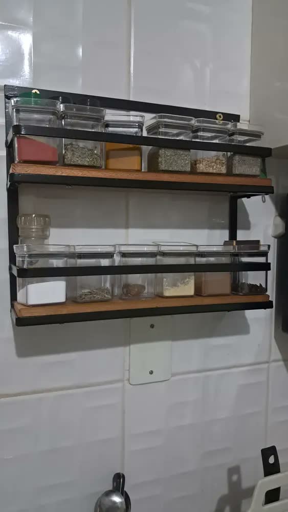 foto de Prateleira de Cozinha Porta-Condimentos 2 Andares Ferro e Madeira