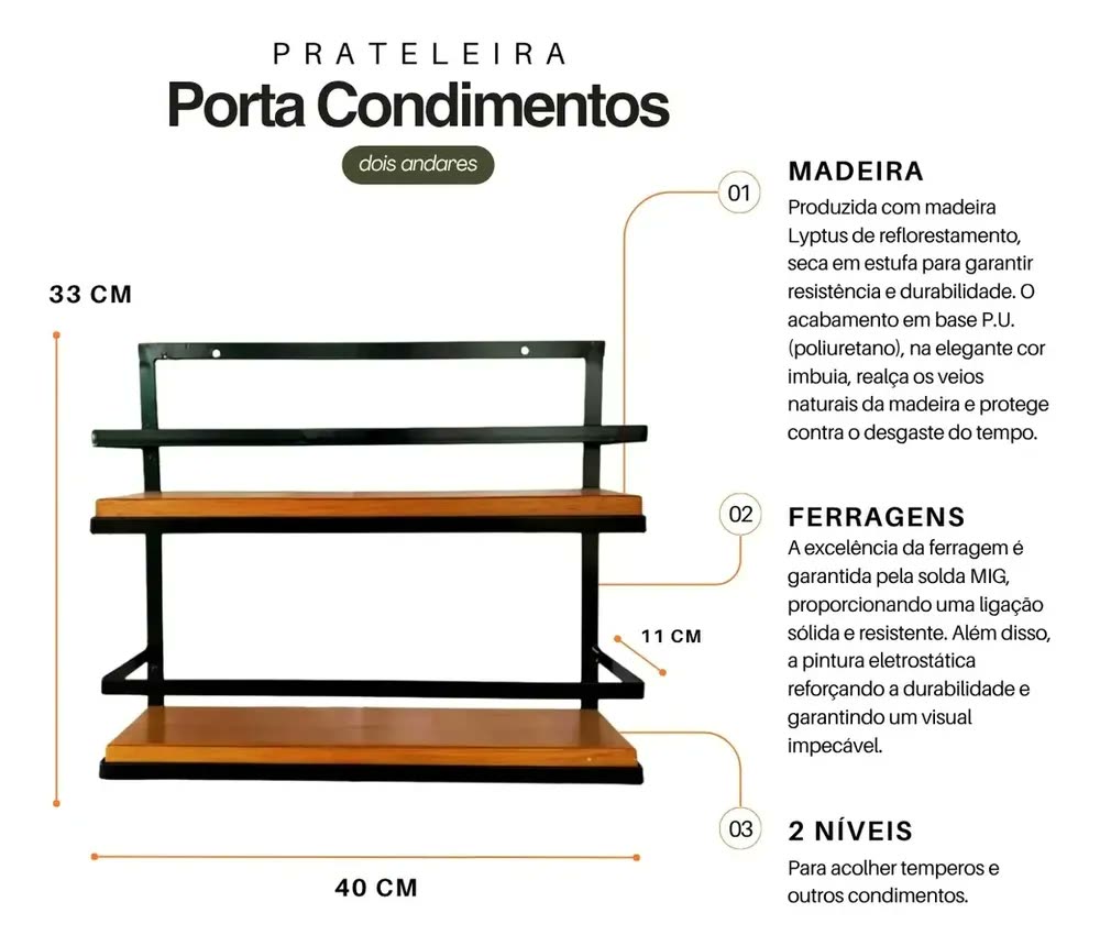 Prateleira de Cozinha Porta-Condimentos 2 Andares Ferro e Madeira