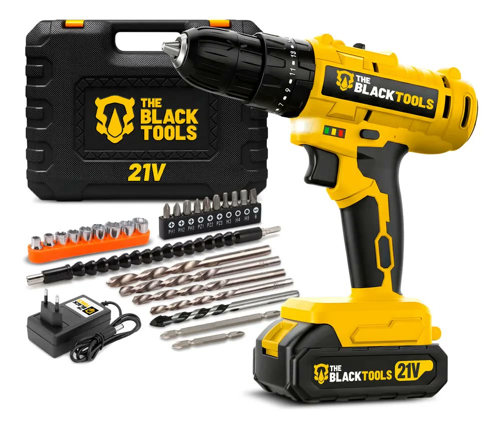 foto de Furadeira E Parafusadeira De Impacto Sem Fio A Bateria 21v 3/8 Com Maleta E Acessorios Tb-21pzw The Black Tools