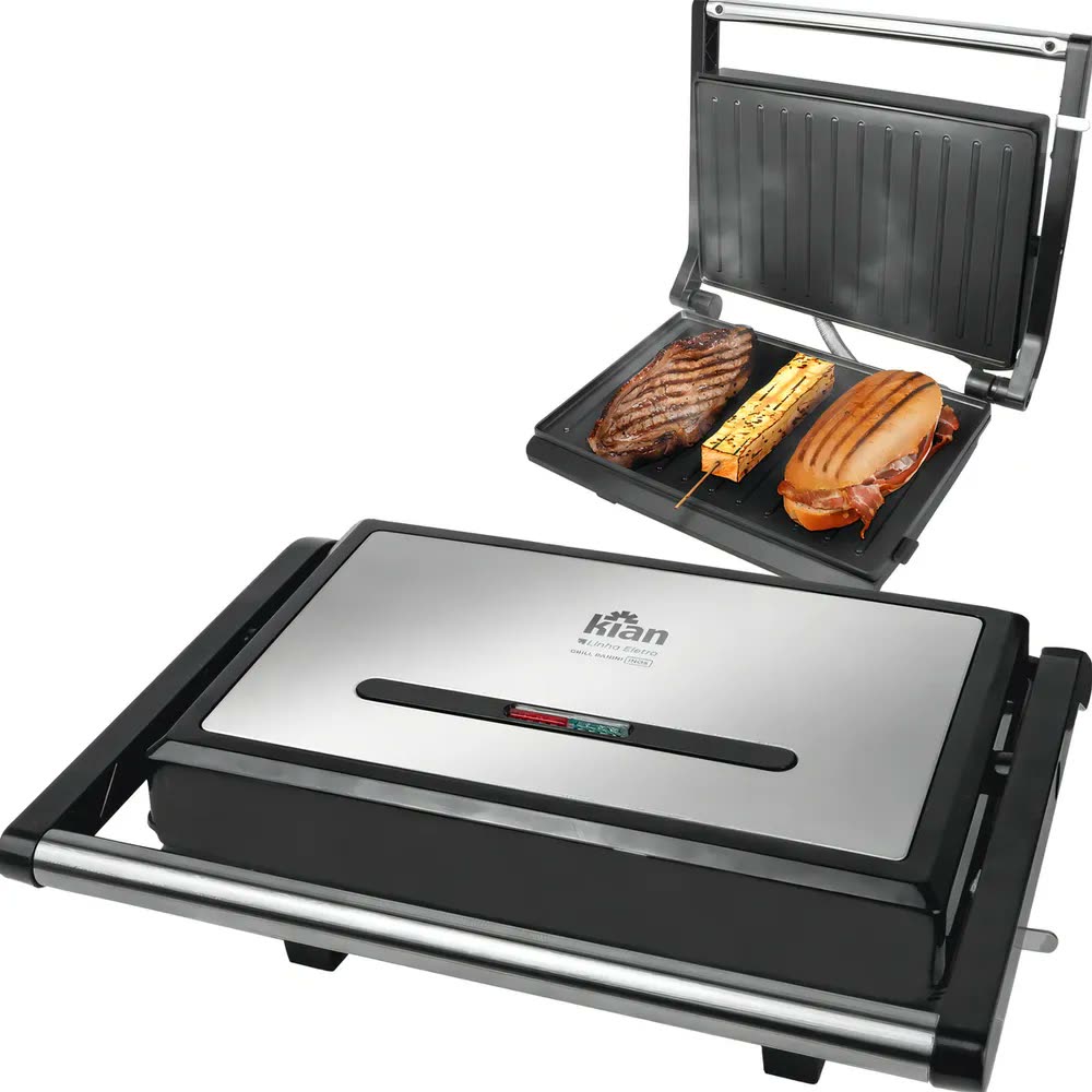 Grill Panini 1200w Chapa Antiaderente, Grelha Adaptável, Luz Indicadora Kian Electro Prateado Preto