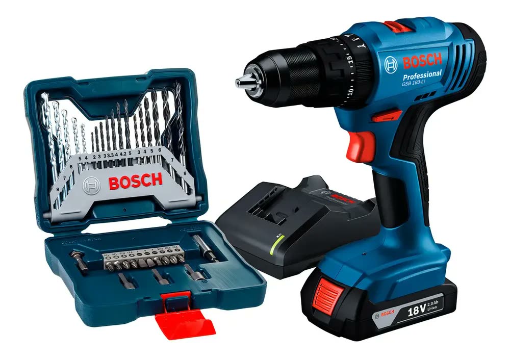 Furadeira Parafusa. Impacto Gsb 183-li Bosch + Kit 33pcs Cor Azul