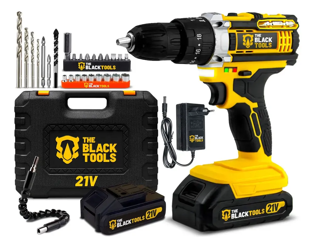 Furadeira Parafusadeira De Impacto 21v Com 2 Baterias Velocidade Ajustável 3/8 10mm Maleta E Acessorios Profissional The Black Tools