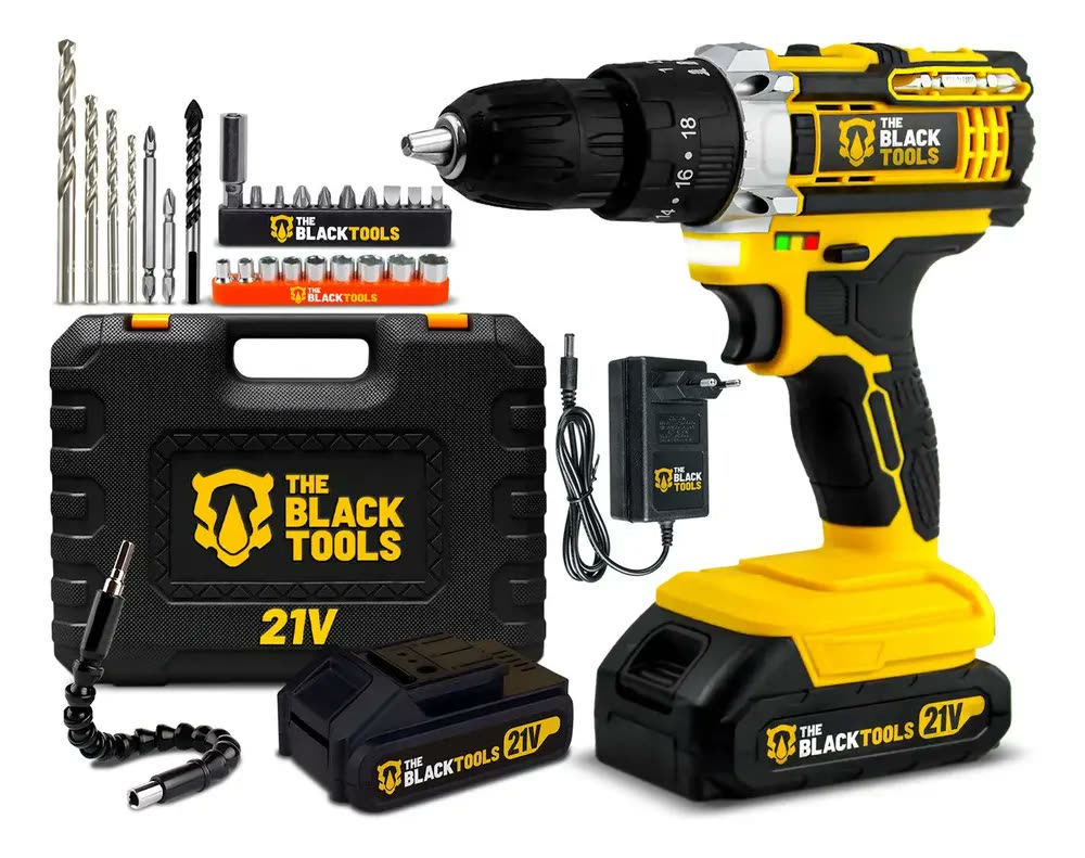 Furadeira Parafusadeira De Impacto 21v Com 2 Baterias Velocidade Ajustável 3/8 10mm Maleta E Acessorios Profissional The Black Tools
