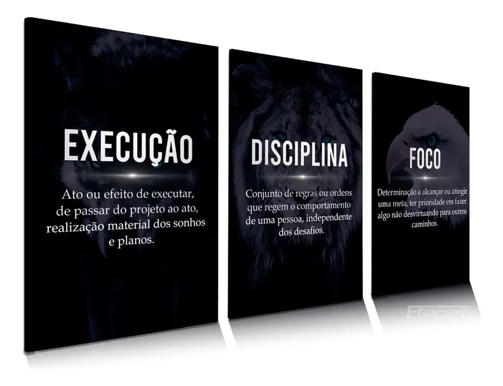 Quadro Decorativo Disciplina Frases Foco E Execução Animais Sala Escritório Quarto Hall, Etacart, 3mm, Grande