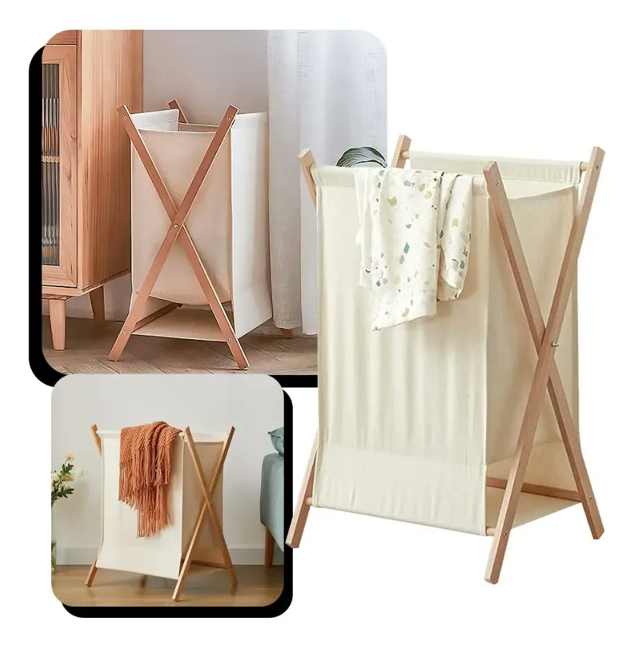 Cesto De Pano Dobrável Organizador Multiuso Para Roupa Suja Cor Bege