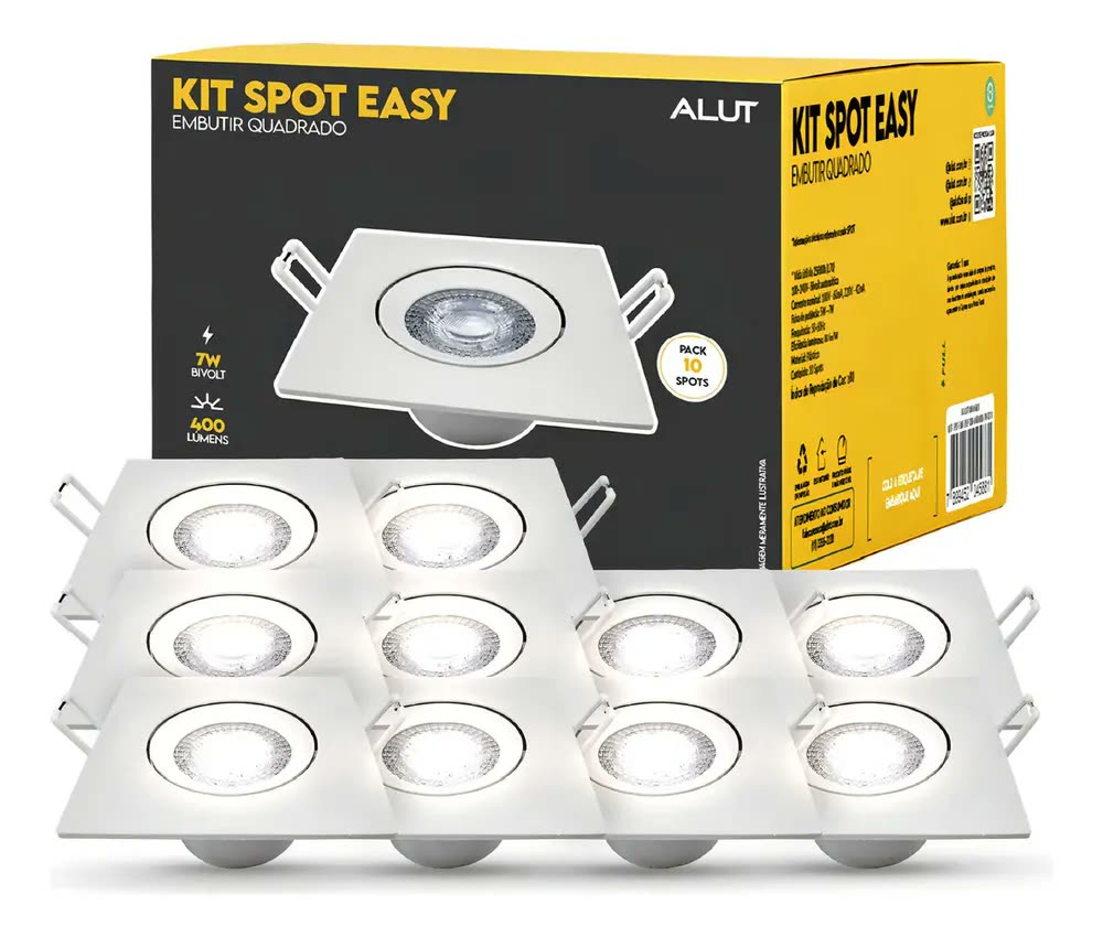 Kit 10 Spot Led Embutir 7w 4000k Branco Neutro 110v/220v Bivolt Quadrado Branco Cod: ALUT000603 Alut