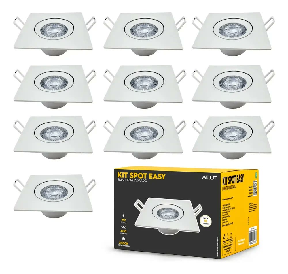 foto de Kit 10 Spot Led Embutir 7w 3000k Branco Quente 110v/220v Bivolt Quadrado Branco Cod: ALUT000601 Alut